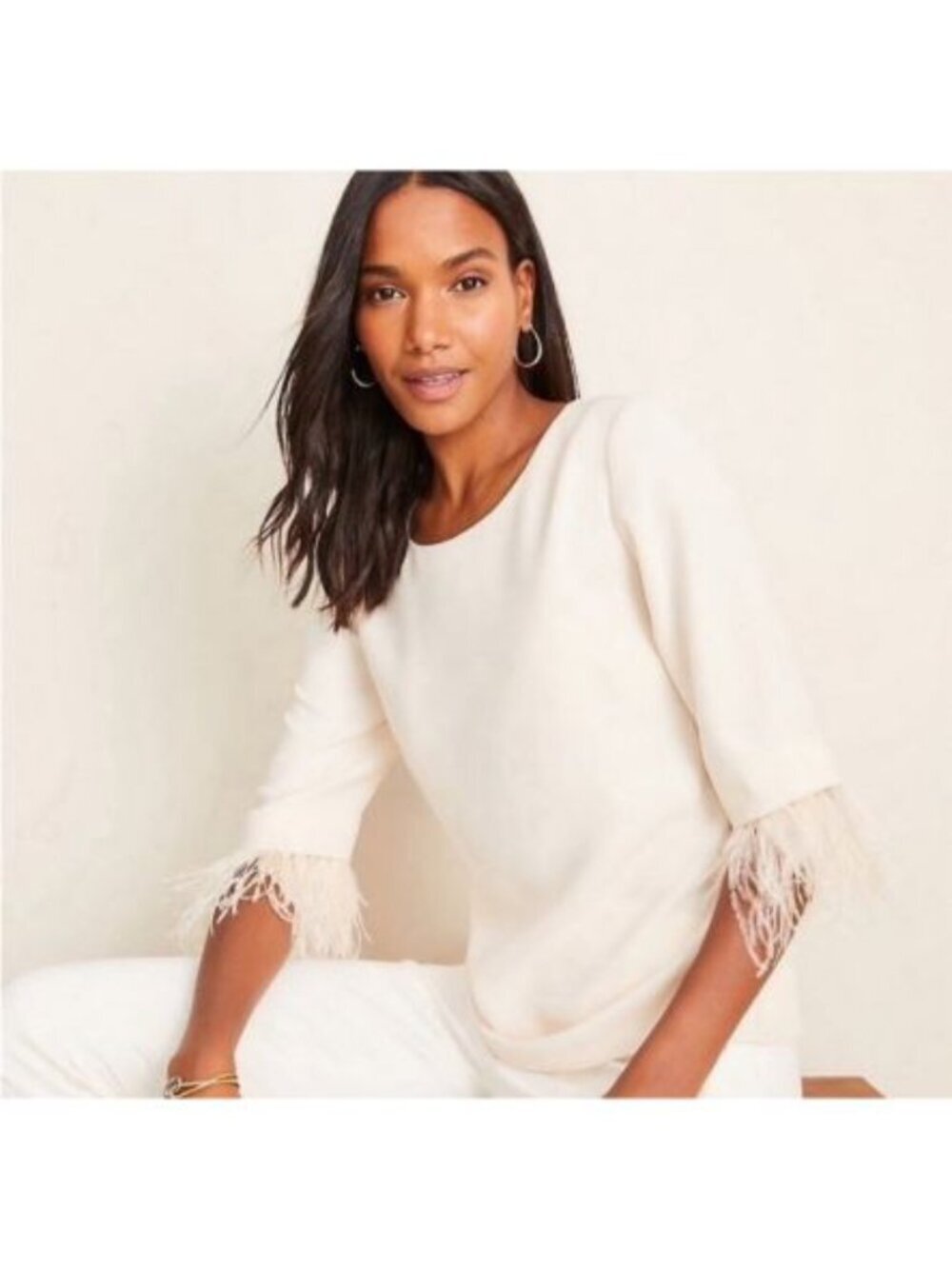 Ann Taylor Feather Cuffed Blouse Sz 12 Cream 3/4 Sleeve Boat Neck Statement